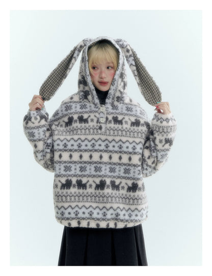 Horridale - Pink Fair Isle Cat Sherpa Fleece Hoodie with Bunny Ears