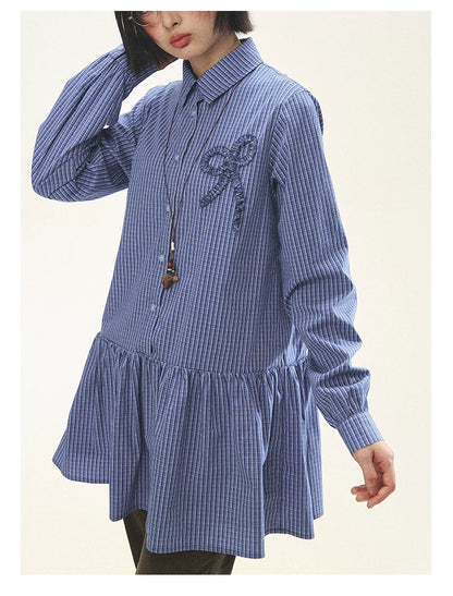 "Holiday Blues" Blue Plaid Bow Shirt Mini Dress