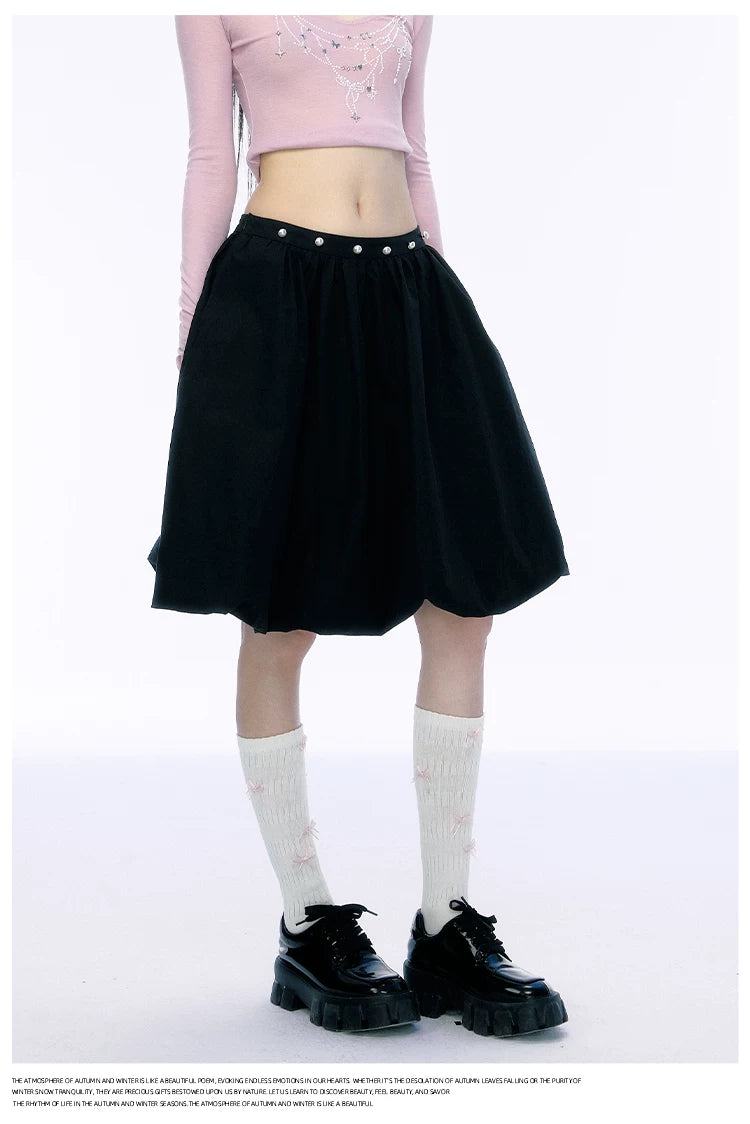 JN's DESIGN - Black Bubble Hem Skirt with Pearl Button Detail