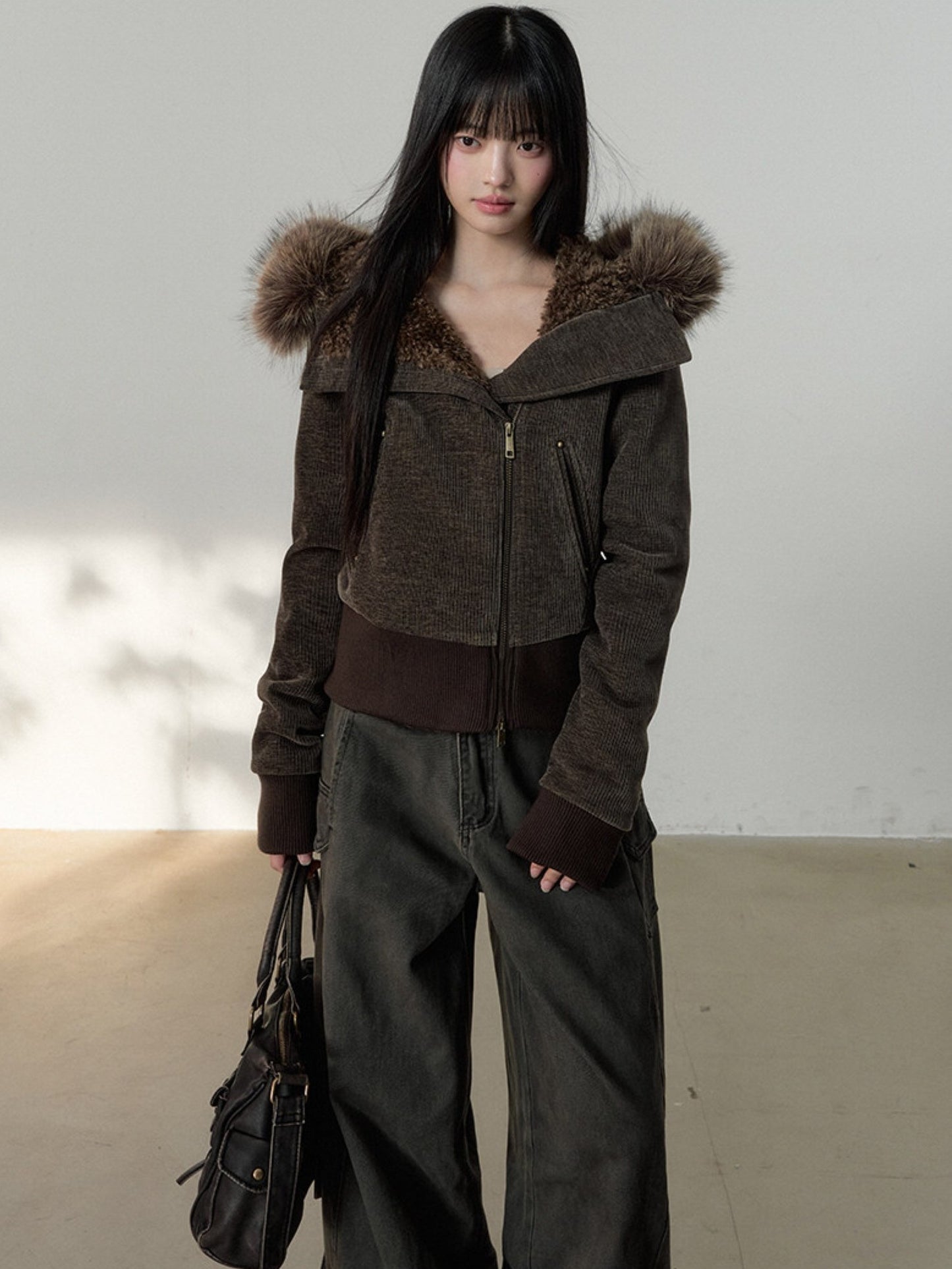Soote Season - Deep Brown Chenille Faux-Fur Hooded Cropped Jacket