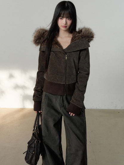 Soote Season - Deep Brown Chenille Faux-Fur Hooded Cropped Jacket