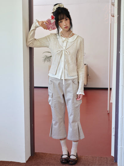 DAILY ARTIST - Warm Beige Faux-Layer Doll-Collar Tie Cardigan