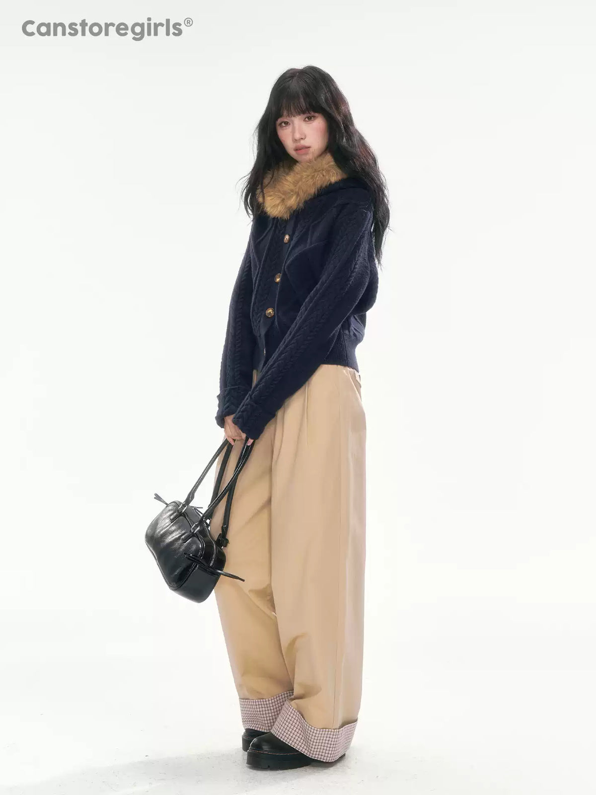 [CAN] Cable Knit Hooded Cardigan (Navy / Dusty Pink)
