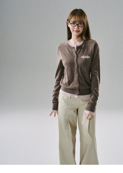 LOST FOREST - Brown Pink Bow Layered Cardigan