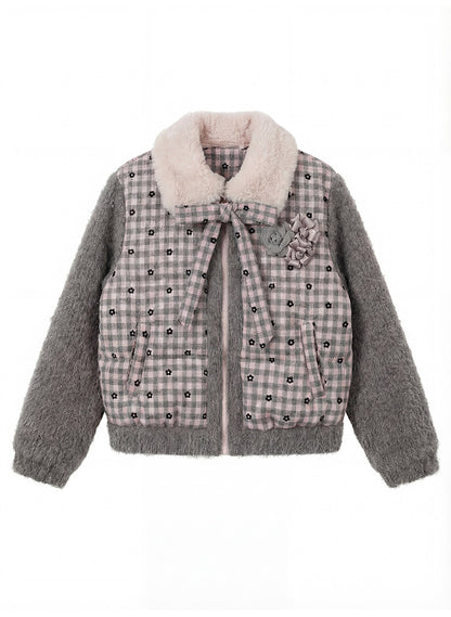 阮阮自制 - "Mist Isle Sakura" Faux-Layered Plaid Fur-Collar Puffer Jacket