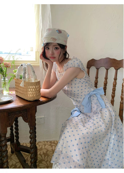 “Blue Mist Polka Reverie” Mist Blue Bow Lace Dress