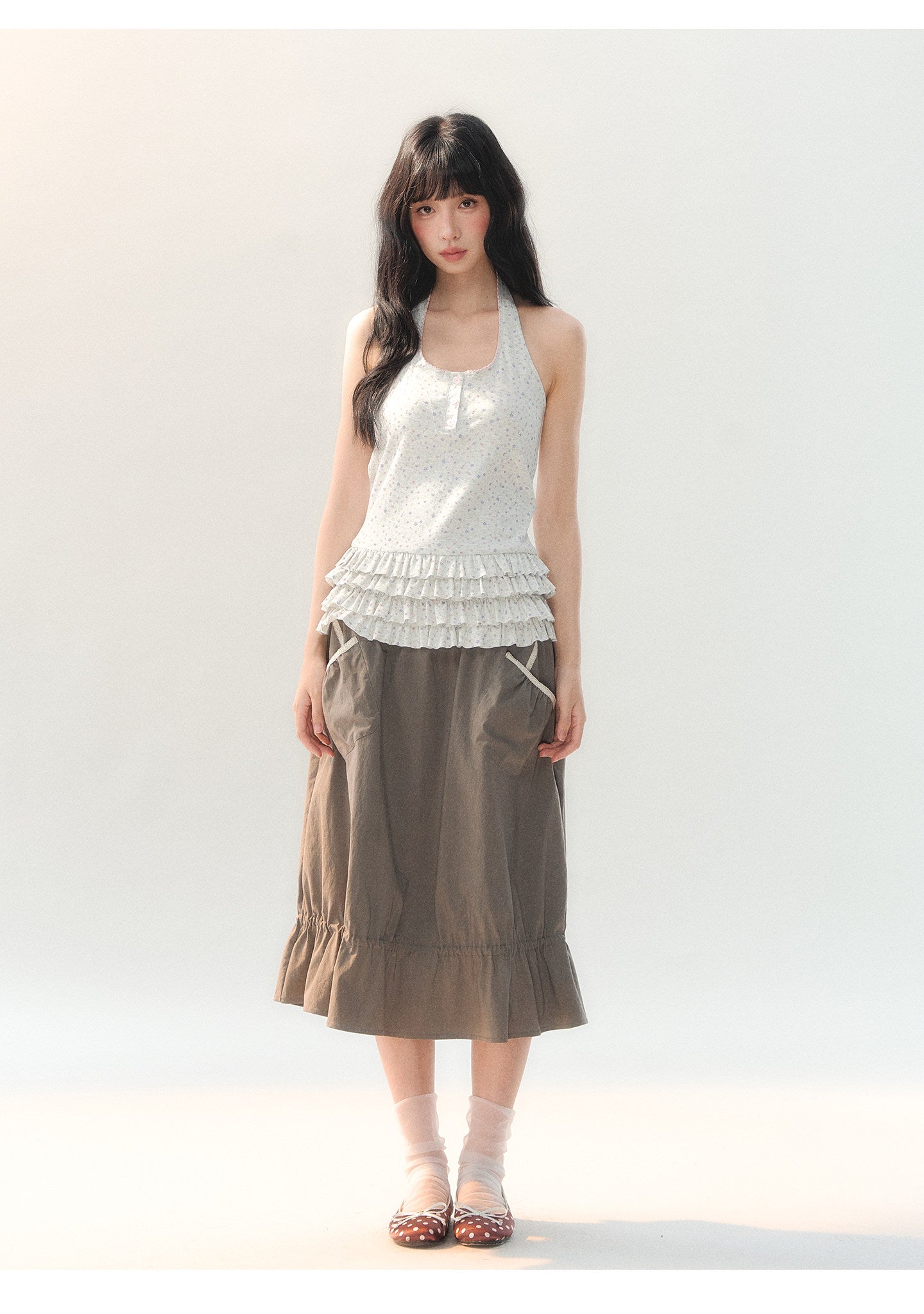 170726C "Sage Meadow" Grey Green Lace Pocket Culotte Skirt
