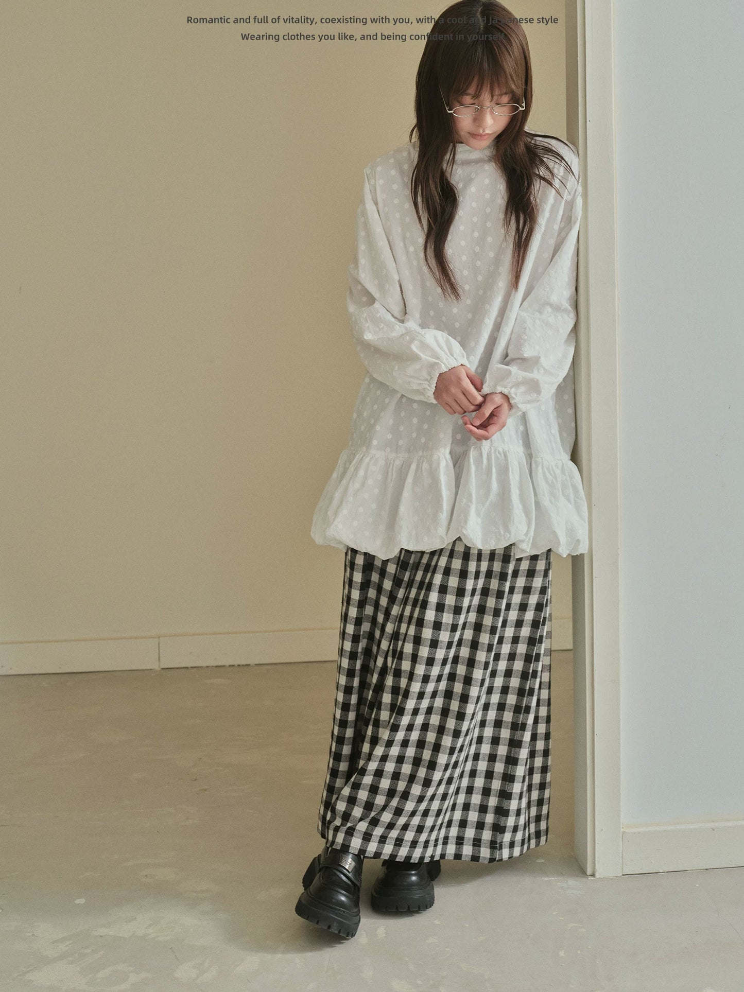 "Quiet Check" Plaid Wide Leg Trousers (Black & White Plaid)