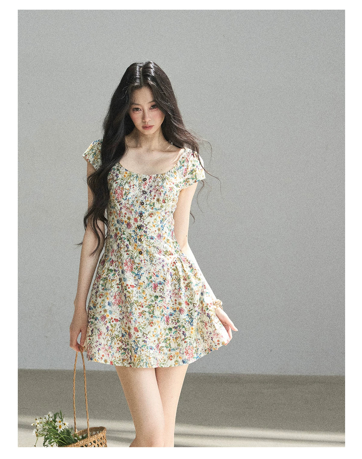 "Bloom in Full Glory" Dutch Cream Floral Puff Mini Dress