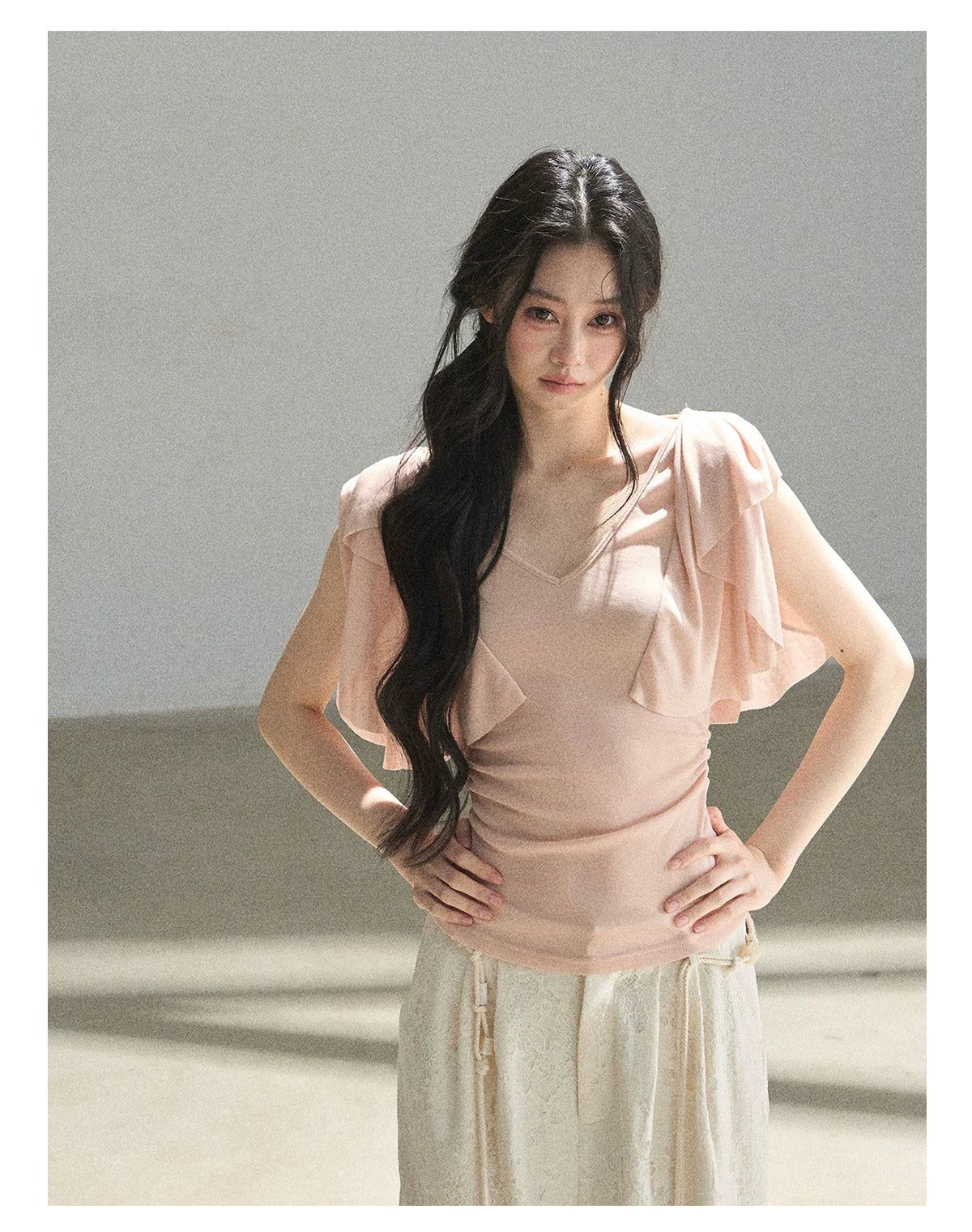 "Where Clouds Fall" Ruffle Sleeve V-Neck Crop Top (Forest Green/ Sage Gray/ Misty Blue/ Cinnamon Pink)