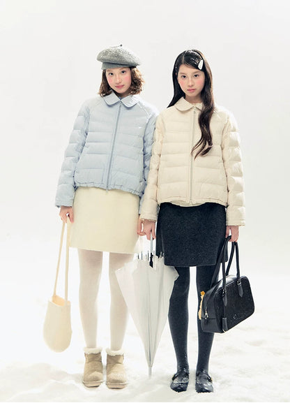 "Lily of the Valley Keepsake" Cropped Down Puffer Jacket (Pearl Beige/ Cloud Blue)