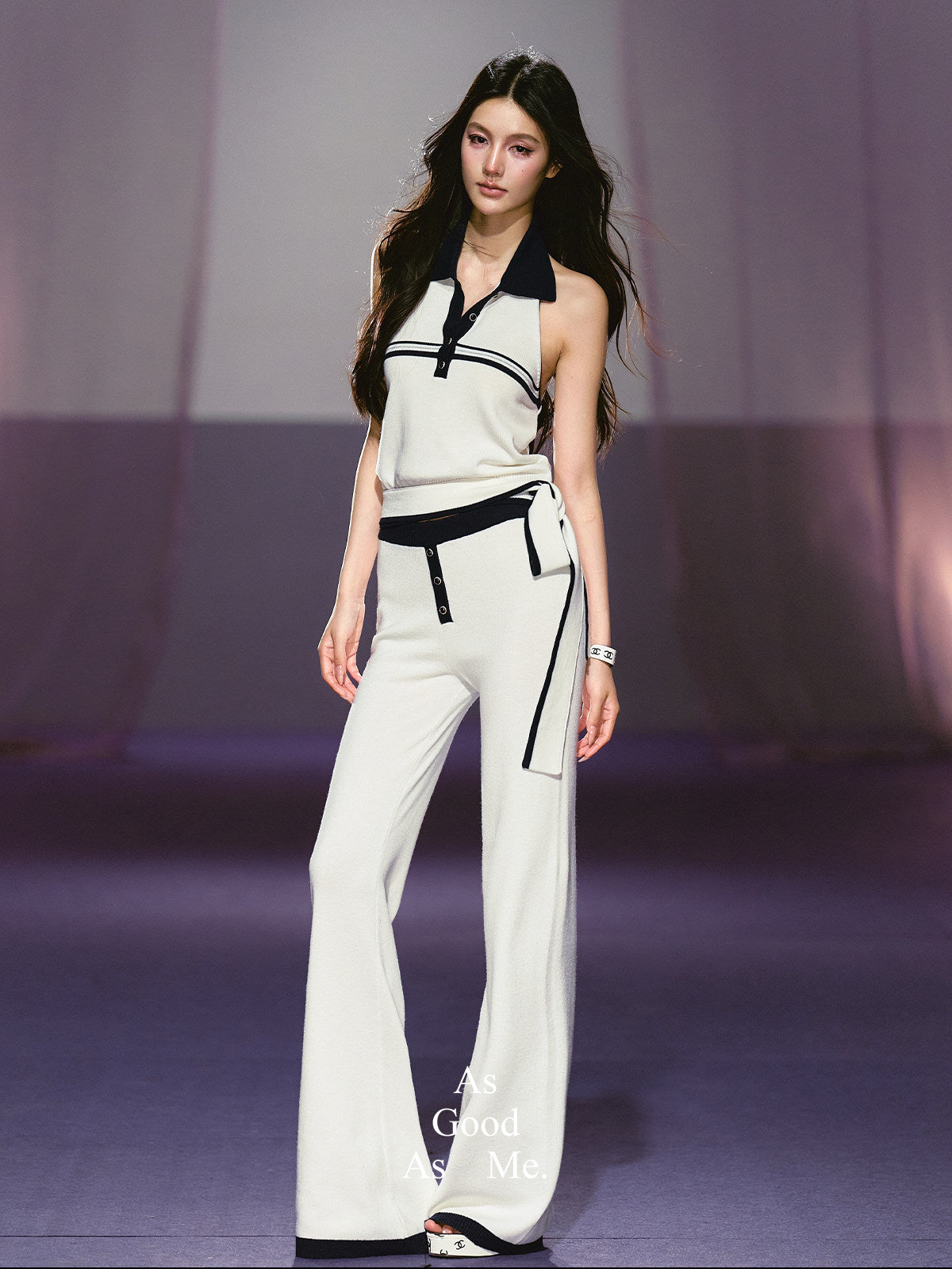 "Coastal Ease" Ivory Halter Knit Top & Contrast Knit Flare Pants Set