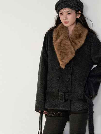 Soote Season - “Retro Twill Grace” Asymmetrical Faux Fur Collar Double-Breasted Wool Coat