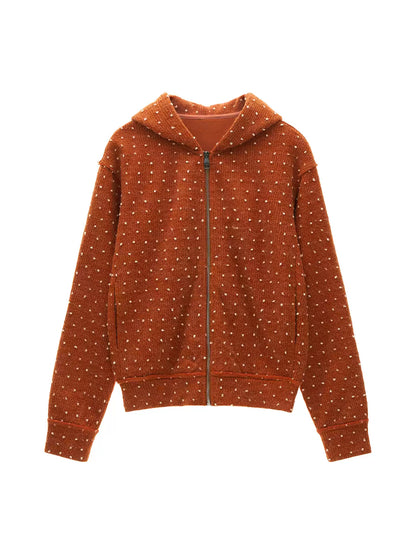 MAMC - Orange Polka Dot Textured Zip-Up Hooded Knit Cardigan