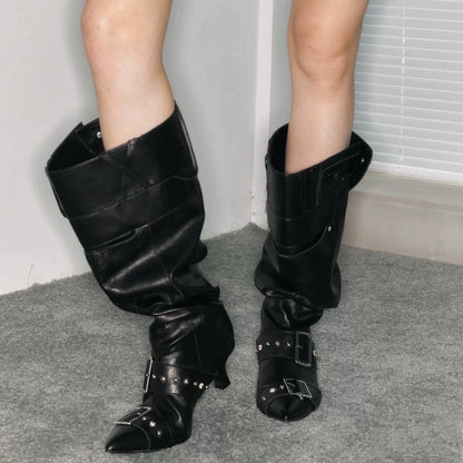 Vintage Western Slouch Knee-High Boots (Black / Ivory / Distressed Brown)