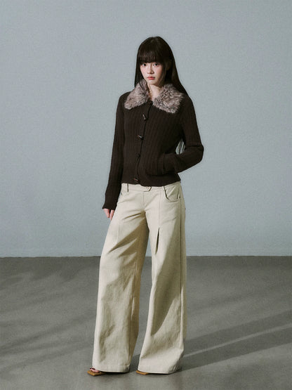 LOST FOREST - Dark Brown Detachable Faux-Fur Collar Toggle Cardigan