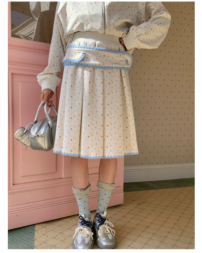 “Snow Bunny Reverie” Ivory Rabbit Ear Hoodie & Floral Pleated Mini Skirt