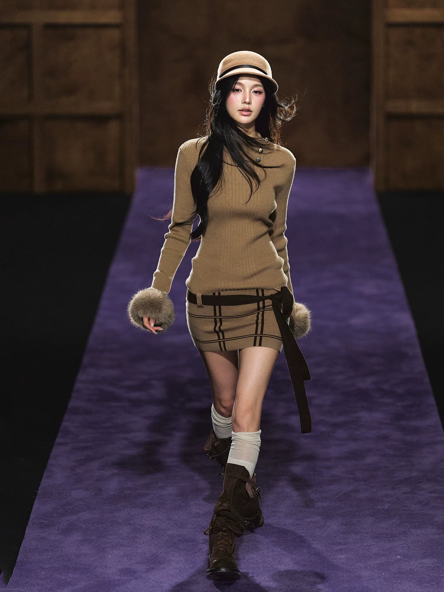 "Winter Whisper" Light Khaki Mock Neck Knit Mini Dress