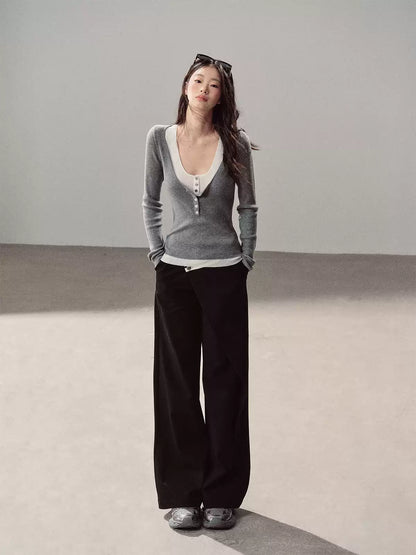AOMALM - Korean U-Neck Faux Layered Knit Top