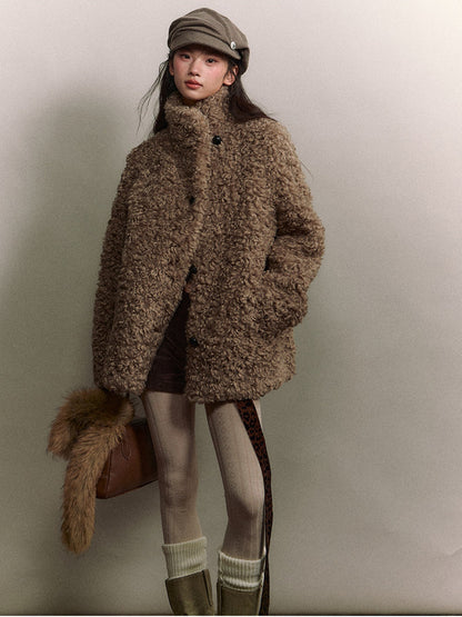Soote Season - Curly Faux Shearling Stand-Collar Fur Jacket