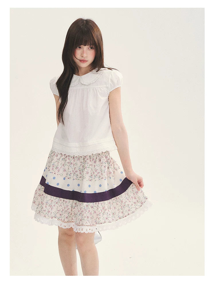 "Cotton Cloud" White Ruffle Collar Puff Sleeve Babydoll Top