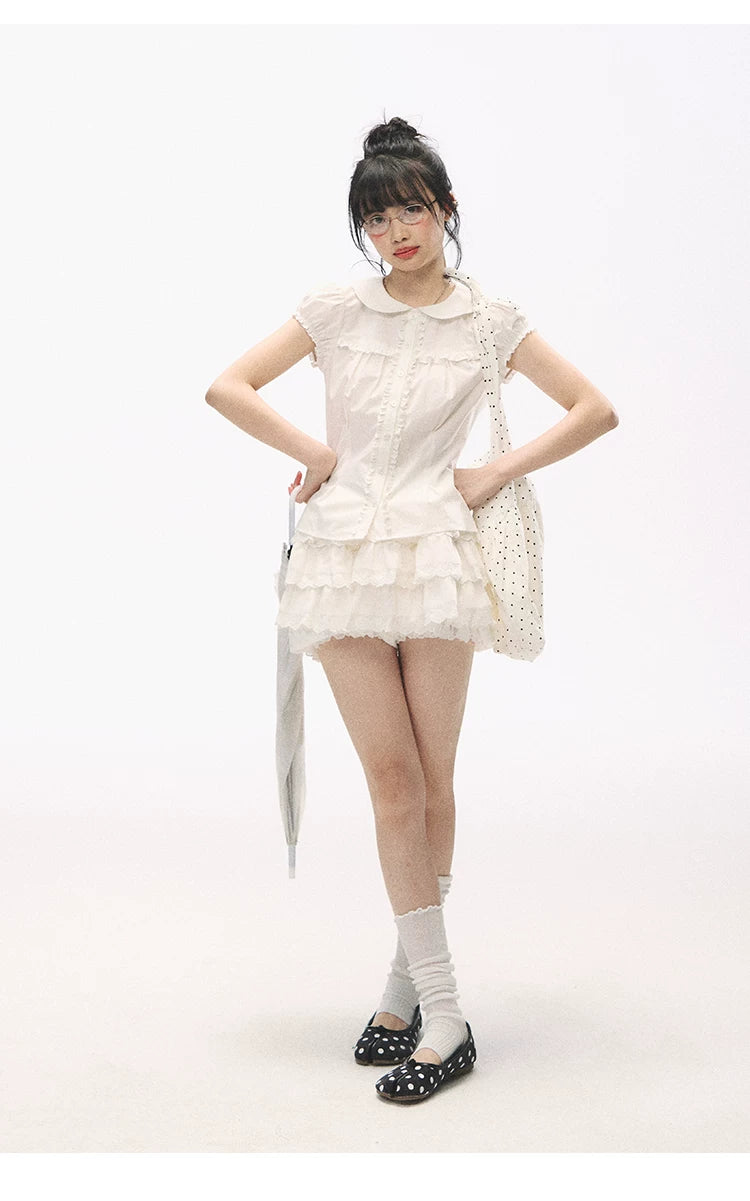 "Lace Soufflé" White Tiered Ruffle Bubble Skort