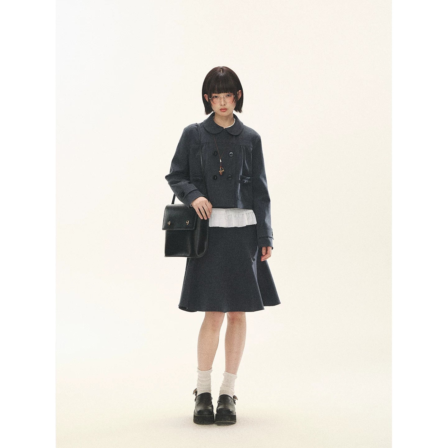 "First Day of Spring" Charcoal Gray Bow Blazer & Asymmetrical Skirt Set