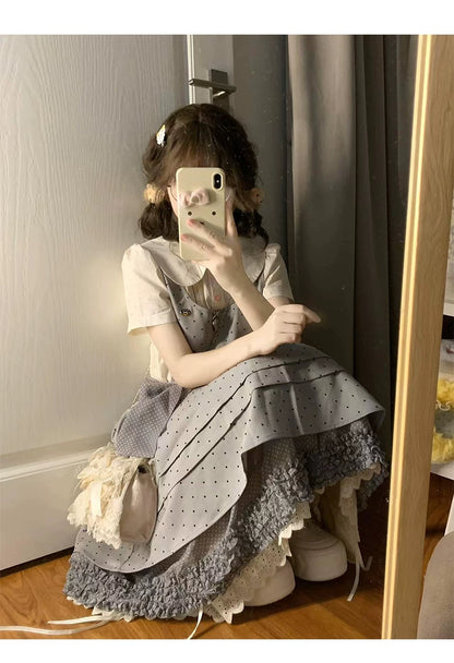 Vintage Japanese-Style Detachable 2-Way Pinafore Dress & Blouse Set