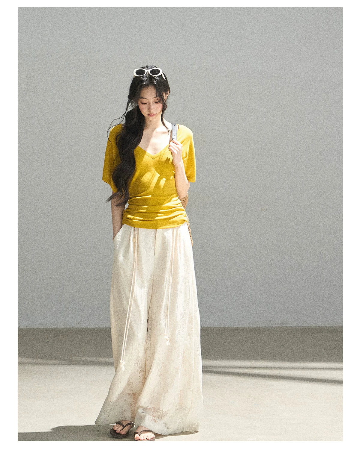 "The First Ray of Sunshine" V-Neck Crop Tee (Ginger Yellow. Creamy Apricot White)