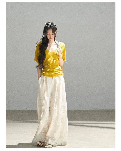 "The First Ray of Sunshine" V-Neck Crop Tee (Ginger Yellow. Creamy Apricot White)