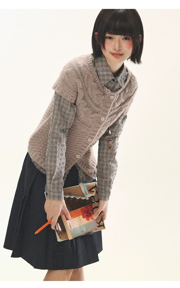 "Rice Knit" Wool-Blend Short Sleeve Knit Cardigan (Moss Coffee Green/ Dusk Dusty Pink)