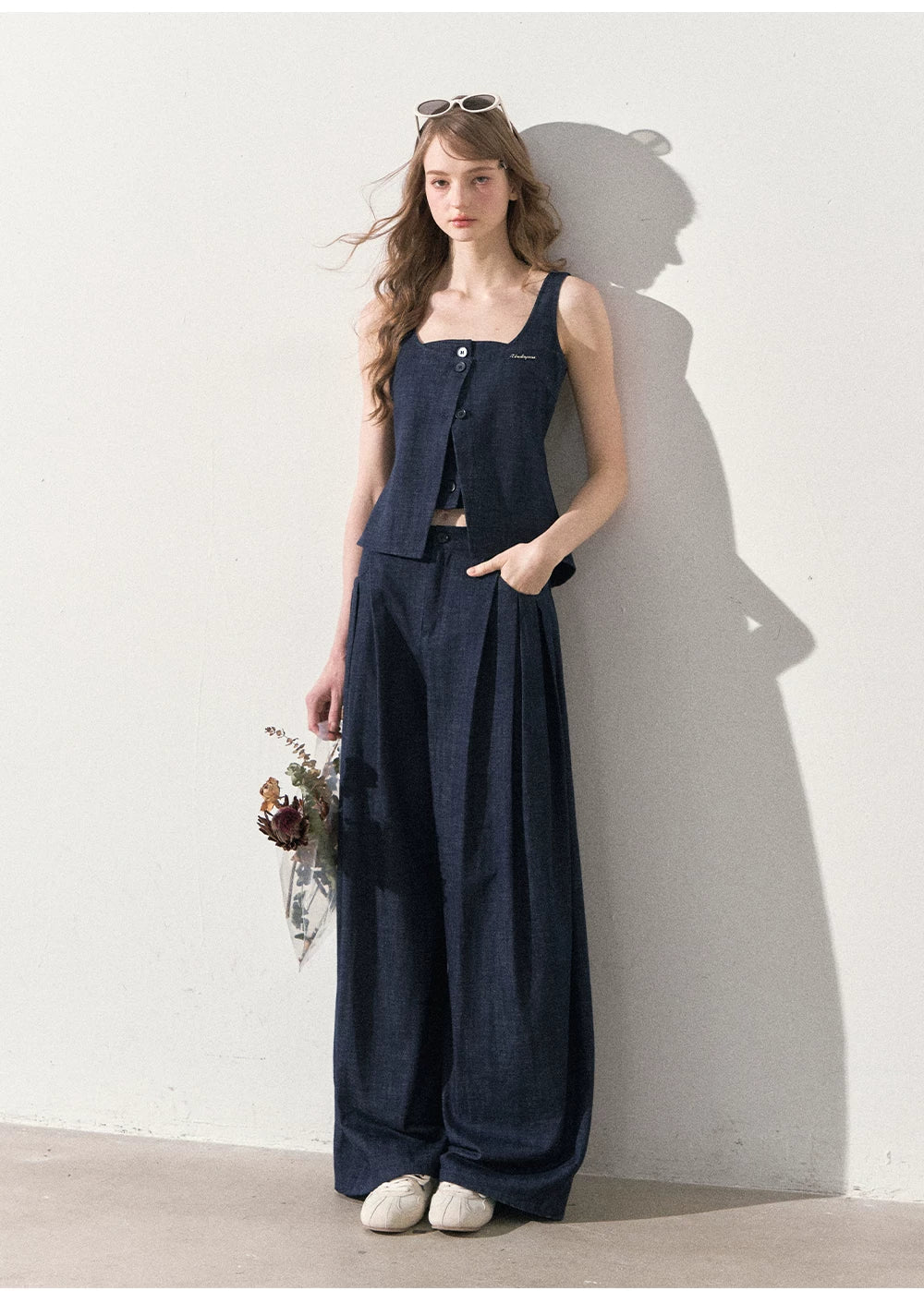 "Season of Ease" Vintage Navy Faux Denim Vest & Wide-Leg Pants Set