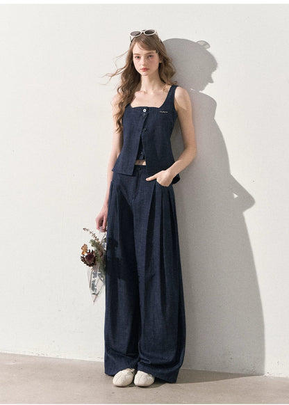 "Season of Ease" Vintage Navy Faux Denim Vest & Wide-Leg Pants Set