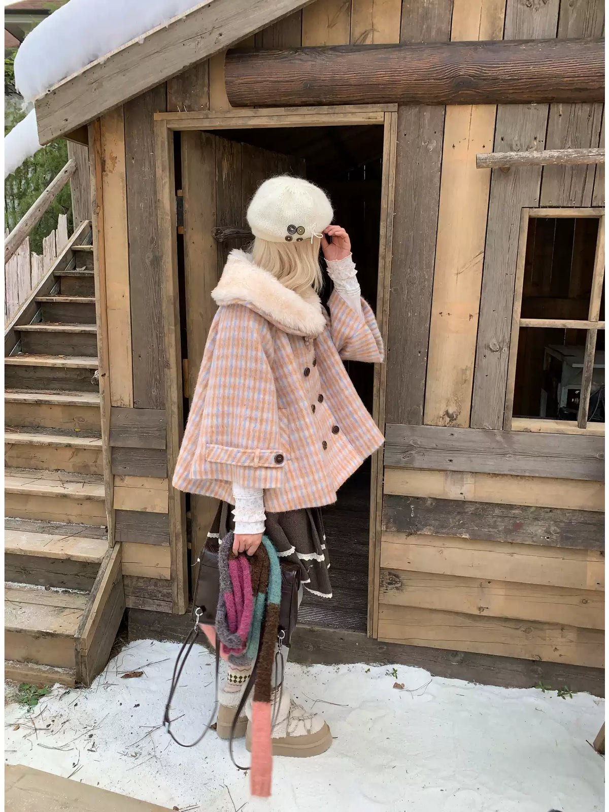 RF - Orange Plaid Cropped Cape Coat with Apricot Faux Fur Collar