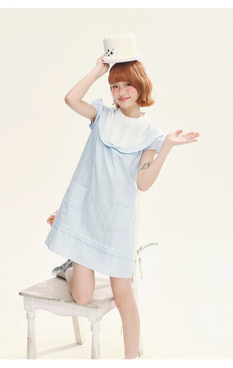 "Sea Salt Fizz" Baby Blue Cutout Embroidered Peter Pan Collar Puff Sleeve A-Line Dress