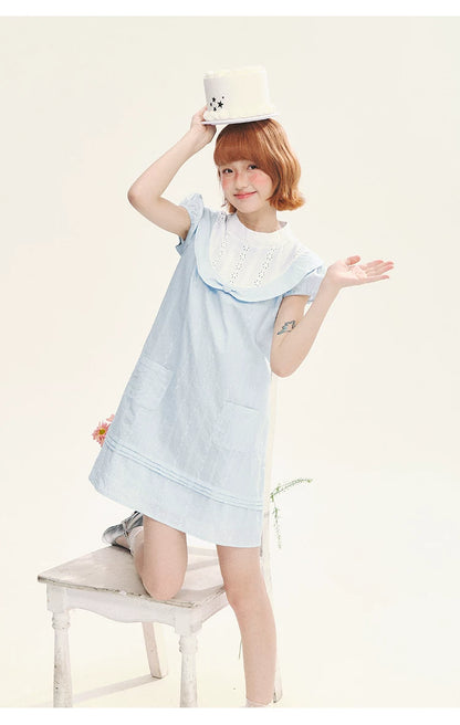 "Sea Salt Fizz" Baby Blue Cutout Embroidered Peter Pan Collar Puff Sleeve A-Line Dress