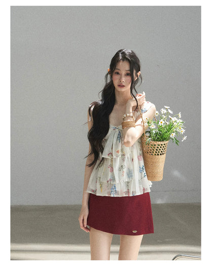 "The Unlit Spirit" High-Waisted A-Line Skort (Angora Red/ Tranquil Black)