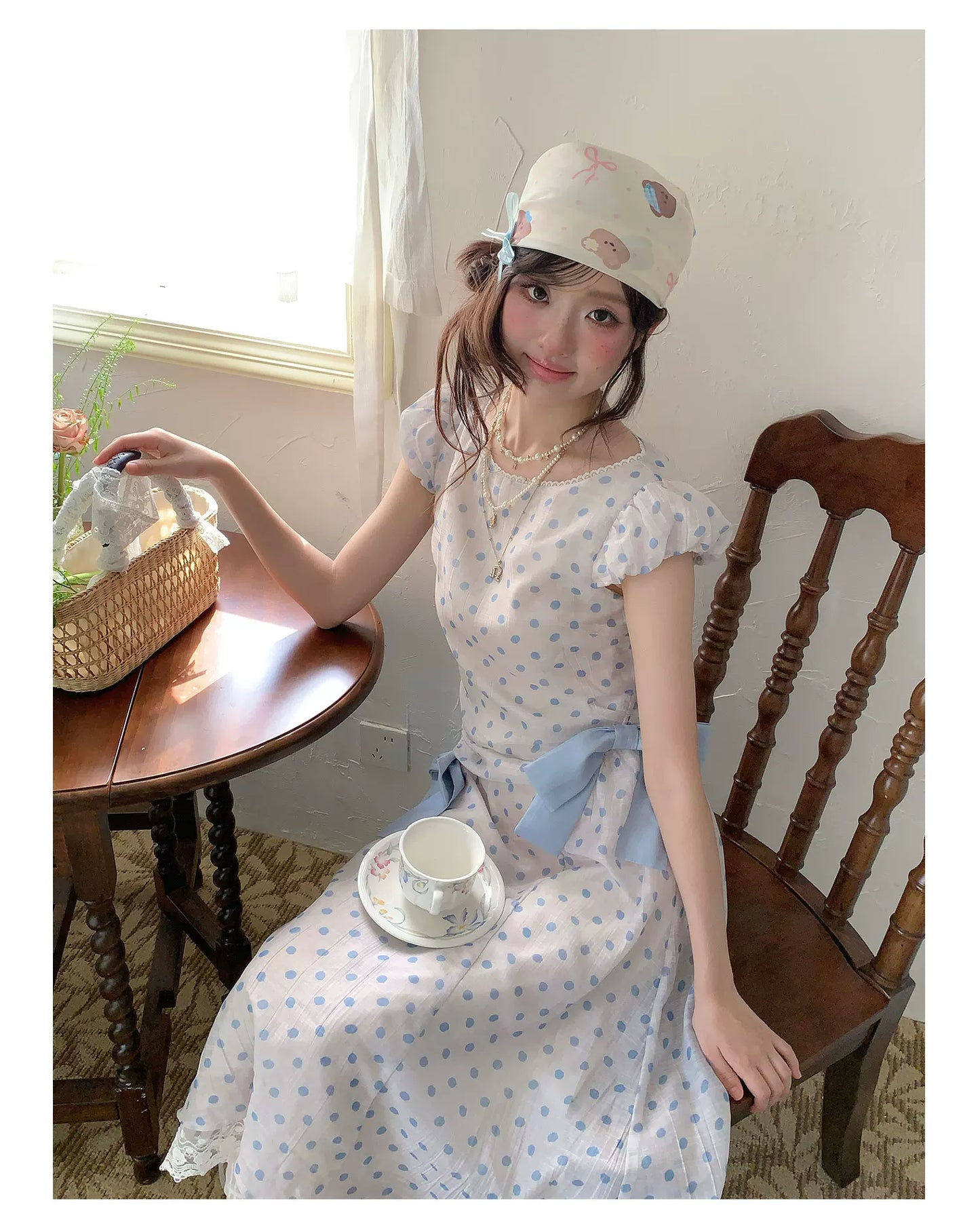 “Blue Mist Polka Reverie” Mist Blue Bow Lace Dress