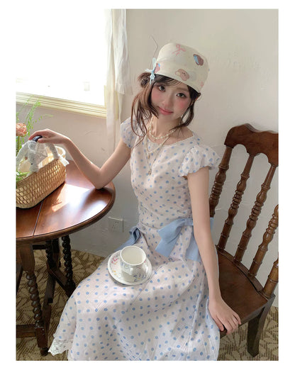 “Blue Mist Polka Reverie” Mist Blue Bow Lace Dress