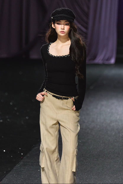 "Heiress Charm" Square Neck Knit Top (Black/ Light Apricot)