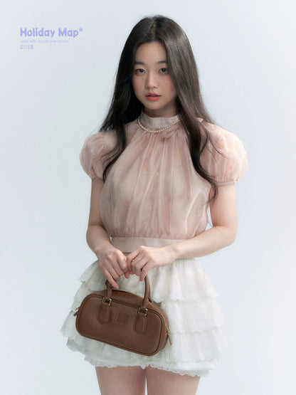 Vintage Stand Collar Bow Puff Sleeve Waist-Cinching Blouse with Knit Cami Set