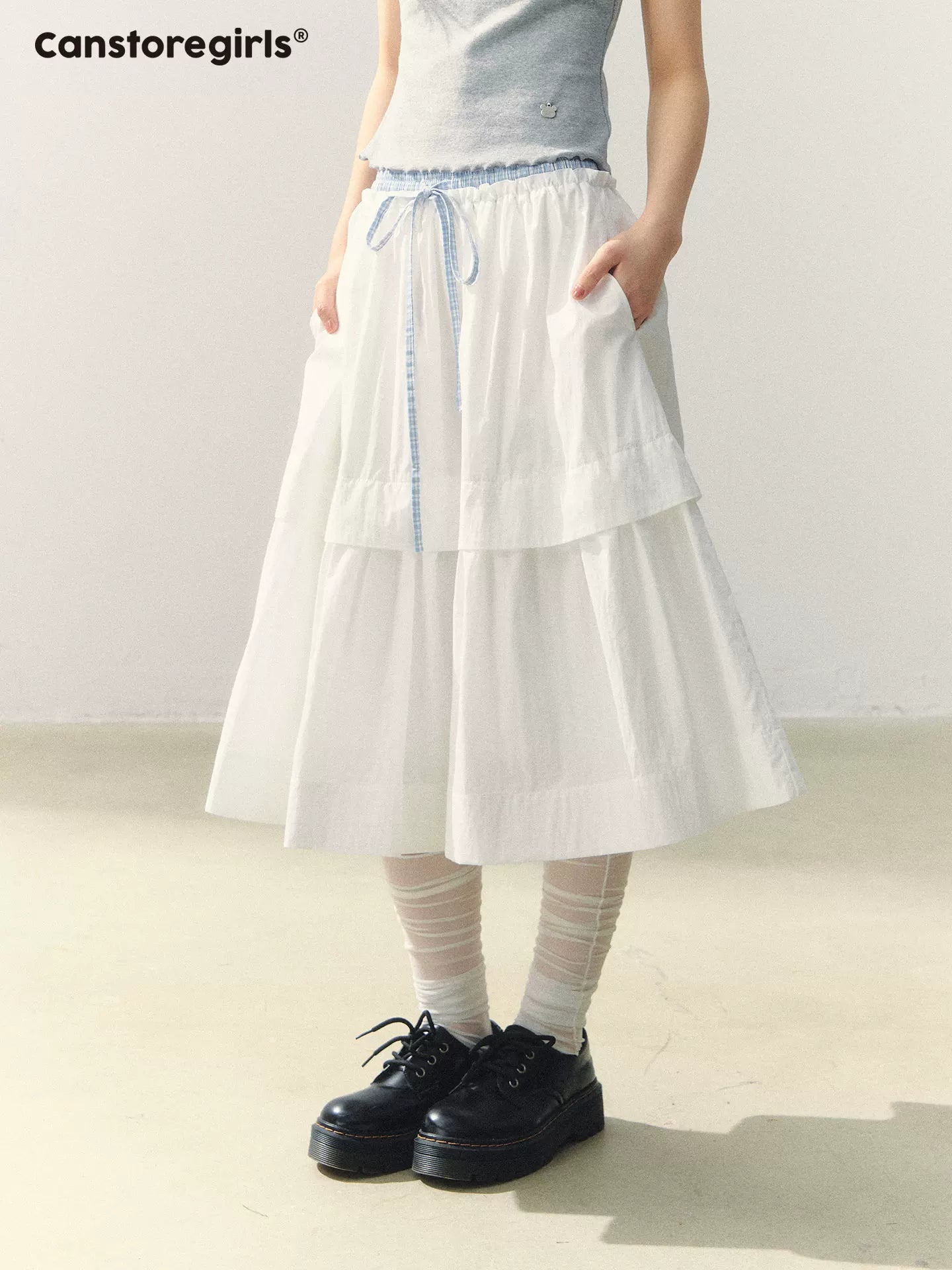 "Milky Peach Plaid Roll" Pleated Hem A-line Midi Skirt WW2026055