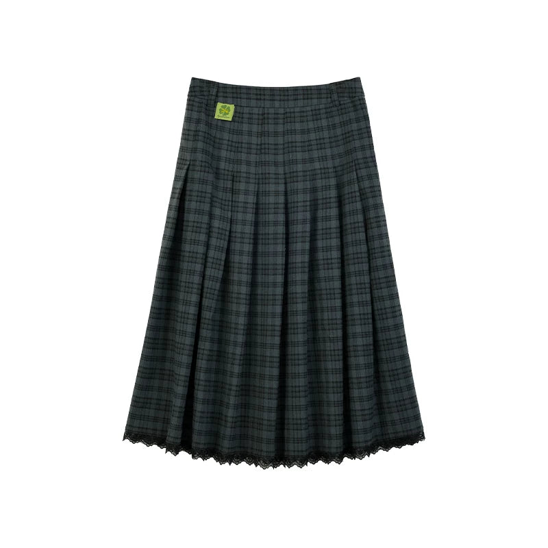 "Sage Whisper" Layered Trench Collection (Round Collar Coat / Knit Top / Polka Dot Cami / Plaid Skirt)