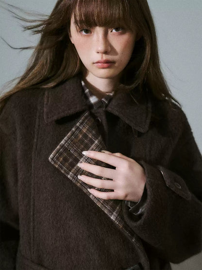 LOST FOREST - Red Brown Wool Blend Plaid Coat