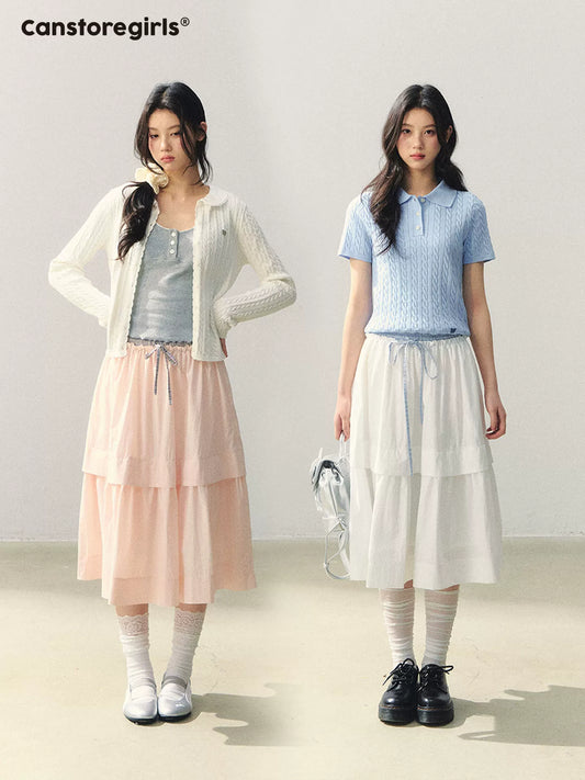 "Milky Peach Plaid Roll" Pleated Hem A-line Midi Skirt WW2026055