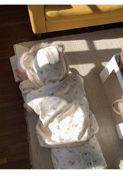 阮阮自制 - Honey Bear Ivory Plush Padded Jacket & Fleece Pants Set