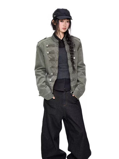 EZEK | Vintage Washed Denim Jacket with Hood and Double-Breasted Buttons (Military Green / Heather Gray)