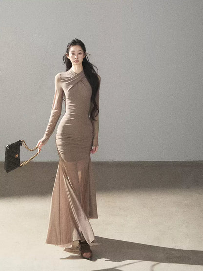 AOMALM - Milk Tea Ruched Mesh Mermaid Maxi Dress