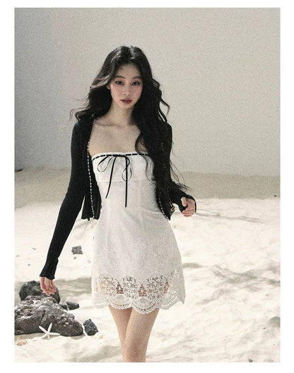 "Moonwoven Reverie" Cloud White Lace Bodycon Mini Dress & Serenity Black Cardigan 5132