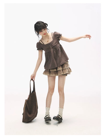"Sweetheart Crew" Polka Dot Faux Two-Piece Bow Knit Short Sleeve Top